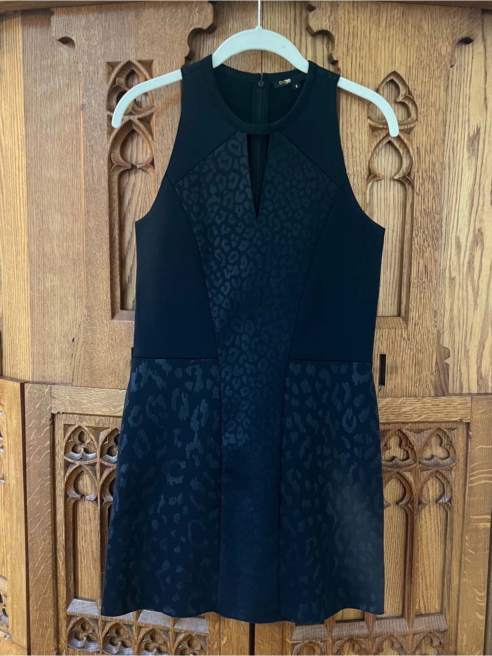Maje Black Sleeveless Leopard-Print A-Line Mini Dress